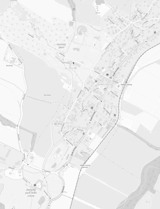 Mapa Velkých Losin s apartmánem v ulici Lázeňská, lázeňským parkem, termálním parkem Termály Losiny, papírnou, nádražím a zámkem